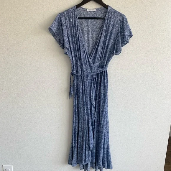 R. Vivimos Blue Floral Midi Wrap Dress Short Sleeve Ruffle - Picture 4 of 4